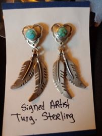 Artist signed sterling silver turquoise feather earrings