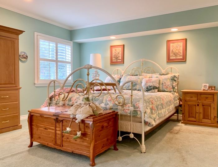 King-Sized Iron and Brass Bed; Pine Cupboards; Roomy Cedar Chest