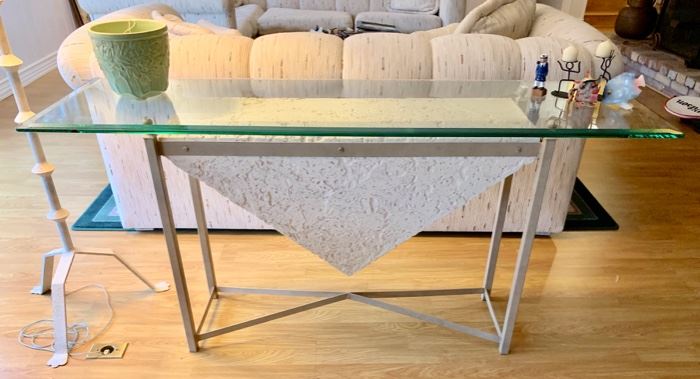 Console or Sofa Table with Beveled Glass and Faux Stone