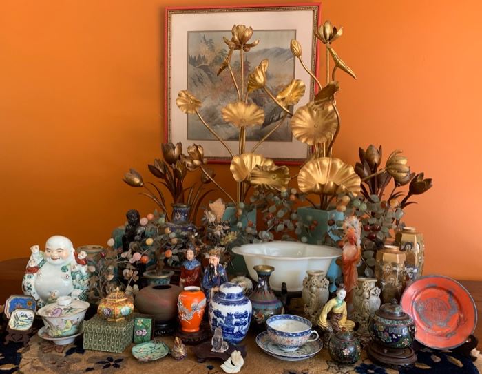 Vases and Bowls: Chinese Cloisonne, Peking Glass, Porcelain, HardStone Decorative Trees, Carved Soapstone; Ginger Jars; Figures; Japanese Satsuma Vases; More