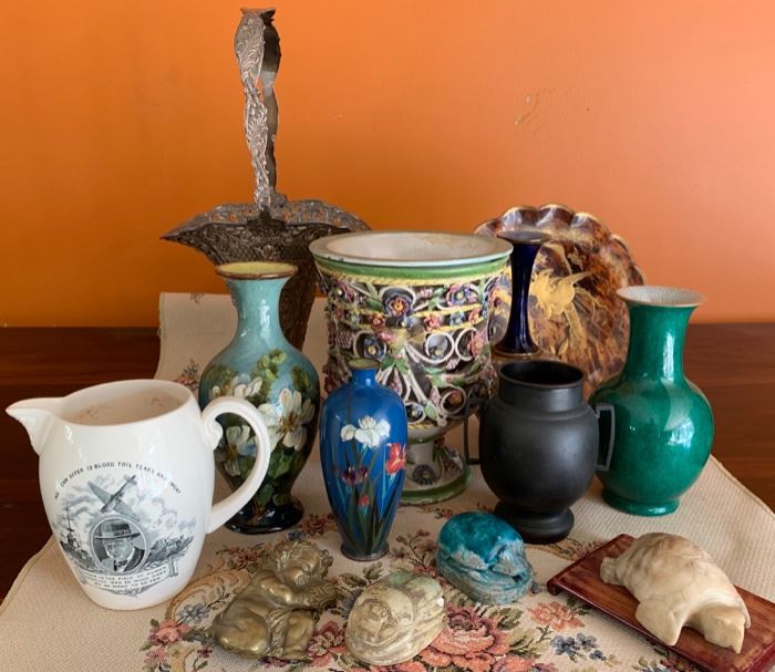 Churchill Commemorative Jug; Chinese Green Porcelain Vase; Ceramic Scarabs; Silver Basket; Doulton Art Pottery Vase; Japanese Cloisonne Vase; Italian Reticulated Urn; More