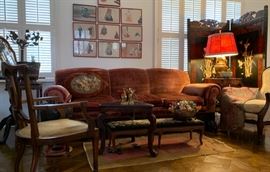 1920's Sofa with Hand Carved Base Being Held in Place by Lions; Long FootRest or Low Bench; Lacquer Screen with Carved Decoration