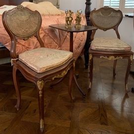Antique French Milady's Caned Chairs; 4-Poster Bed; (Also Tufted-Headboard French-Style Bed and Antique Wrought Iron Bed