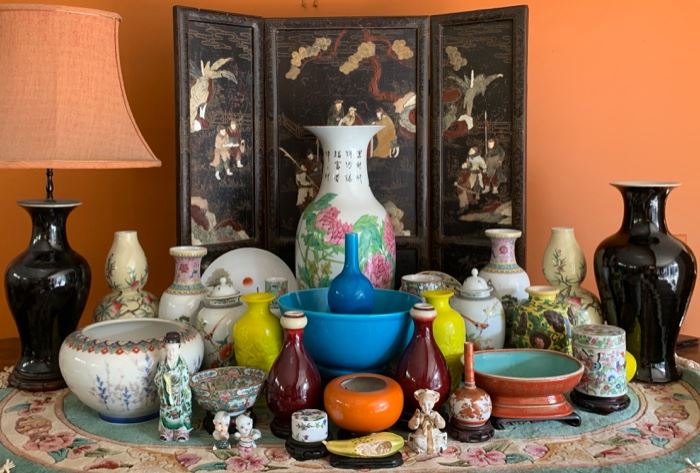 Chinese Lacquer Table Screen; Peking Glass Vases; Famille Rose Chinese Vases; Much More