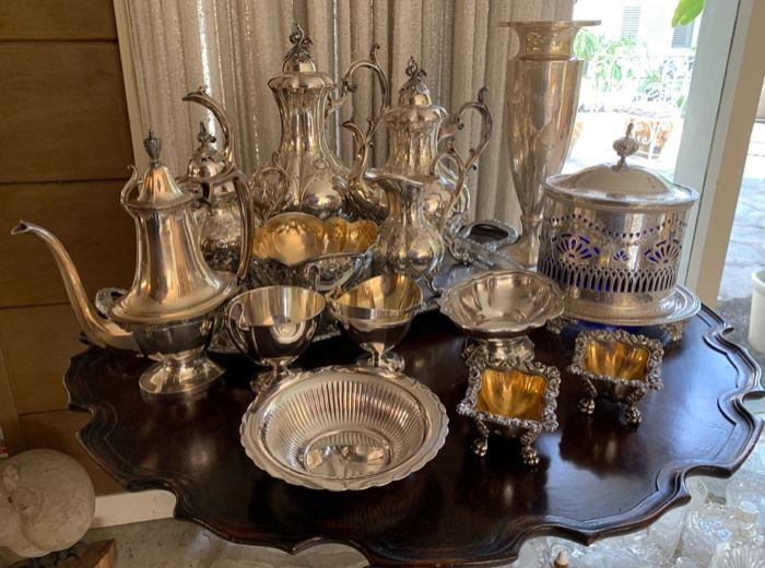 Old Sheffield Master Salt Cellars; Turn-of-The-Century Bright Cut Coffee Service; Tall Sterling Silver Vase; More