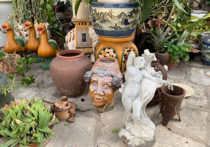 Patio Garden with Plants in Pots, Garden Sculpture, More