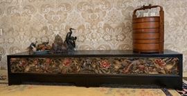 Low Console Holding Chinese Hardstone Fruit in Bowl, Signed Sculpture of Cranes, Chinese Wedding Basket