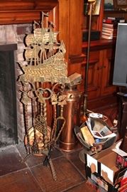 Vintage Fireplace Andirons, Tools, Fenders and Copper Tender Bucket