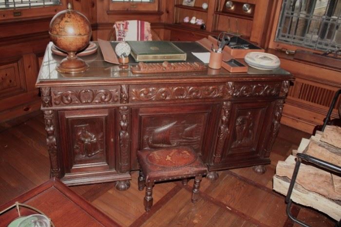 Beautiful Carved Desk in Library, Small Foot Stool, Desk Globe and so much more