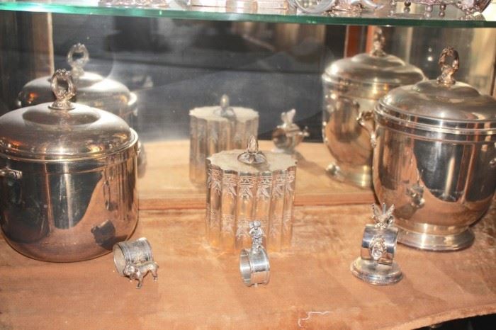 Vintage Ice Buckets and Silver Napkin Holders and other Silver Items