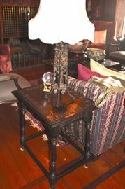 Carved Side Table and Lamp