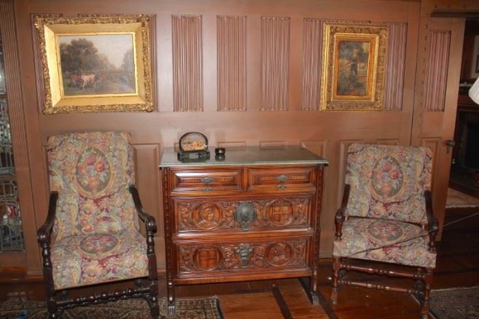 Vintage Furnishings, Art, Carved Marble Topped Cabinet