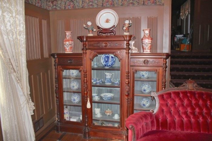 Breakfront and Antique Velvet Settee with Tons of Bric-A-Brac and Decorative Items Throughout