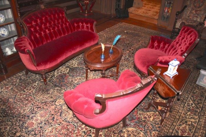 Antique Velvet Settee and Chairs with Assorted Side and Coffee Tables
