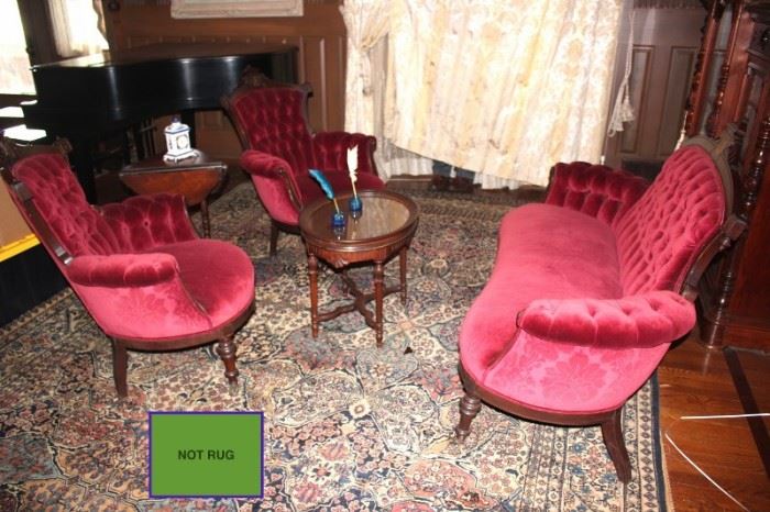 Antique Velvet Settee and Chairs with Assorted Side and Coffee Tables