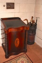 Inlaid, Stenciled Antique Cabinet with Umbrella/Cane Stand with Umbrellas and Canes
