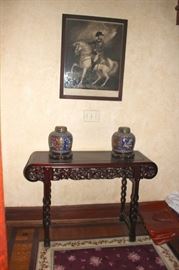 Carve Console Table with Pair of Jars/Pots and Print