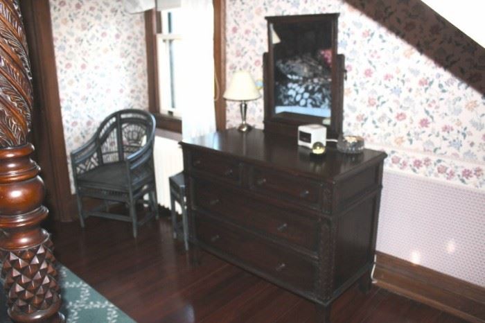 Dresser and Matching Mirror with Wicker Side Chair