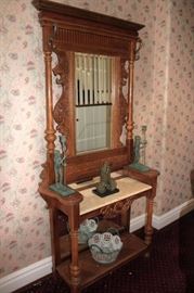 Antique Hat Rack with Small Statuary and Decorative Bowl