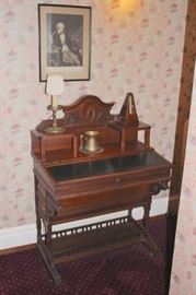 Antique Writing Desk with Lamp and Portrait Art