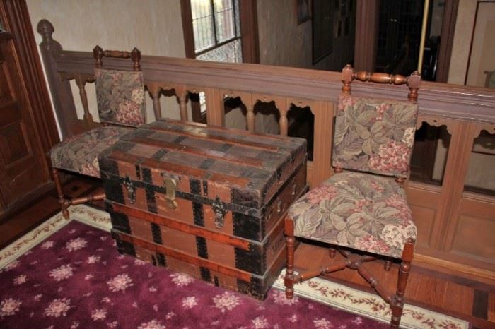 Pair of Upholstered Side Chairs and Antique Trunk