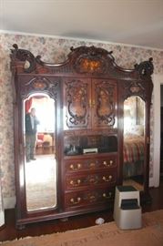 Stenciled, Carved Antique Armoire