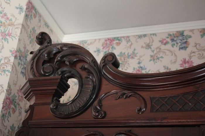 Stenciled, Carved Antique Armoire
