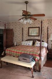 4 Poster Bed and Ceiling Fan with Bench and Art
