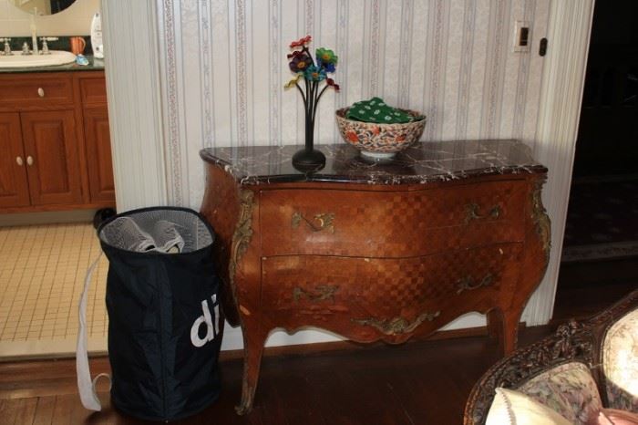 Marble Topped Cabinet with Bowl and other Decorative