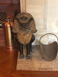 Asian Statuary, Wood Storage and Brass Toned Fire Extinguisher