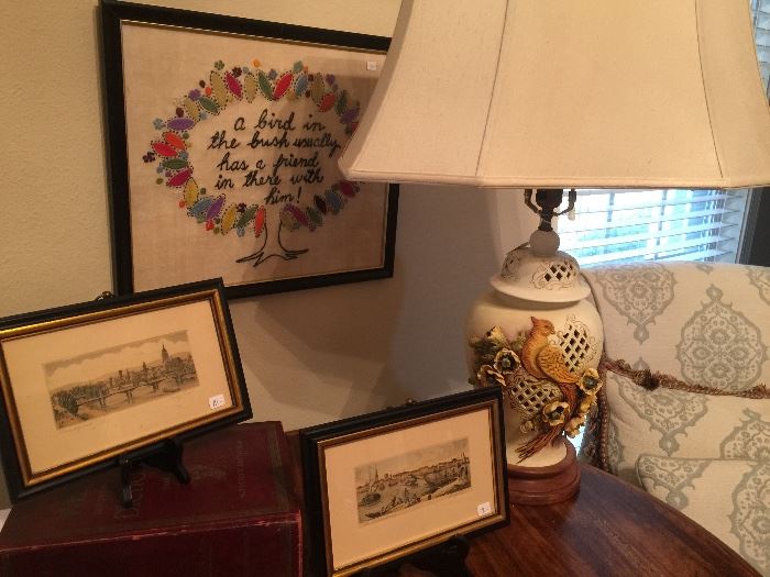 Porcelain lamp, needlepoint artwork, framed prints.