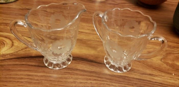 Etched Crystal Creamer and Sugar Bowl