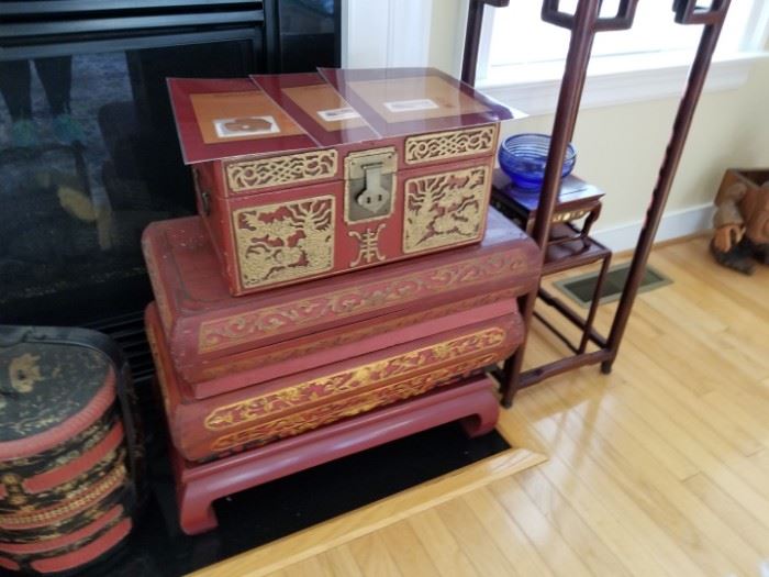antique Chinese boxes, leather chest and bride's box