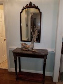 hall mirror, console table and deer