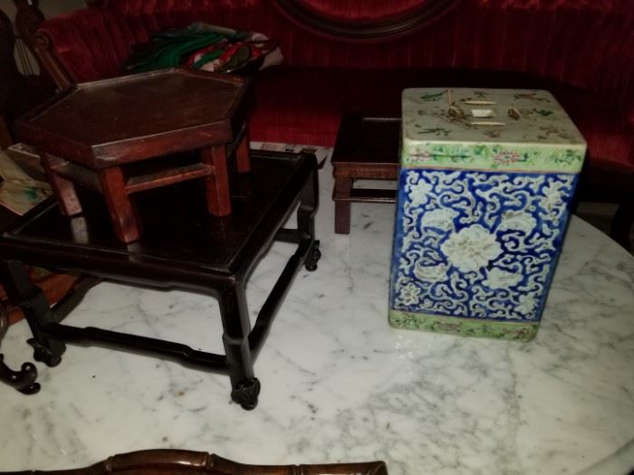 antique Chinese carved stands and ladies porcelain foot rest