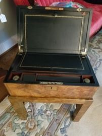 inside of burled walnut writing box and stand