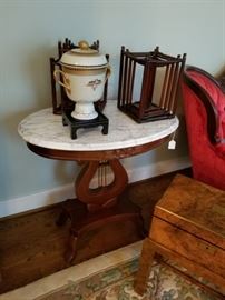 marble topped side table, Mottehedah pot de creme and antique Chinese stacking tables (shown upside down, 2 sets)