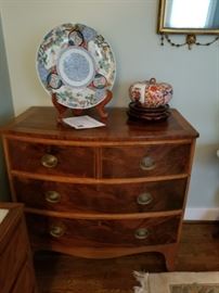George III bowfront English 4 drawer chest, Imari charger and gourd