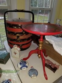 antique bride's basket, nice red Chinese lacquer small table