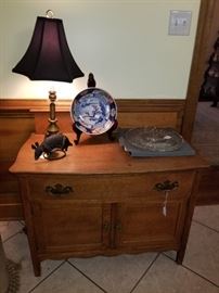 antique oak washstand, antique brass converted lamp, Imari charger, Waterford charger with box