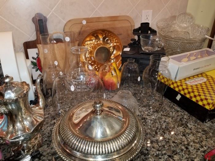 kitchenware, oil lamp shades, silver plate