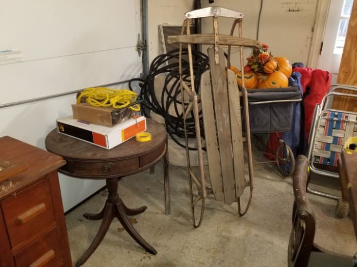 antique sled and table