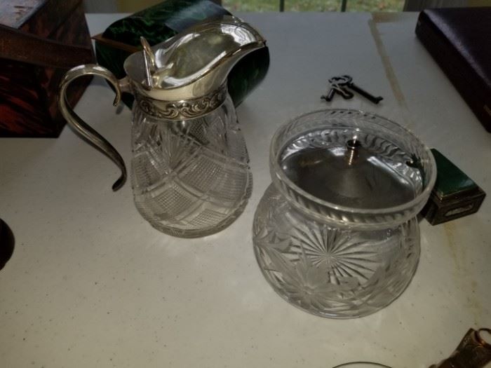 crystal and sterling sugar bowl and creamer/syrup