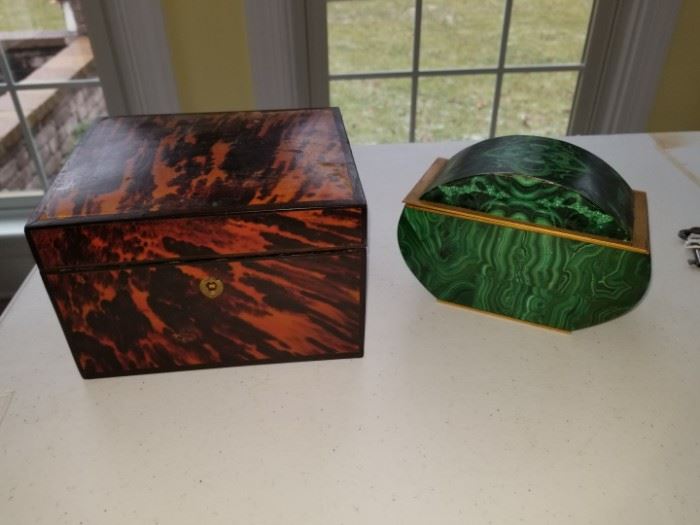 antique malachite and brass box, antique 3 in 1 boxes