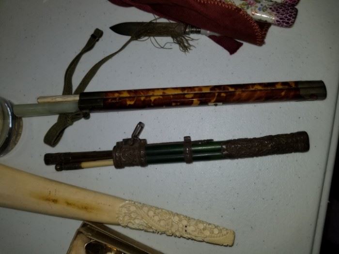 antique Chinese chopstick sets, 1 with tortoise shell and ivory chopsticks & knife, other is jade and stamped metal with ivory chopsticks and knife
