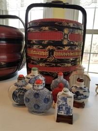 antique bride's basket, snuff bottles and tea caddy