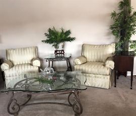 Pair of Chairs, Glass Top Coffee Table and Matching End Table