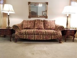 Sofa,  wall mirror, end tables, and matching lamps