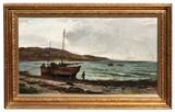 Oil on canvas depicting sailboats on shore signed lower right C.J. Lauder (Charles James Lauder 1841-1920)
