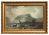 Oil on canvas depicting lake front with Elk (Clarence Roe)